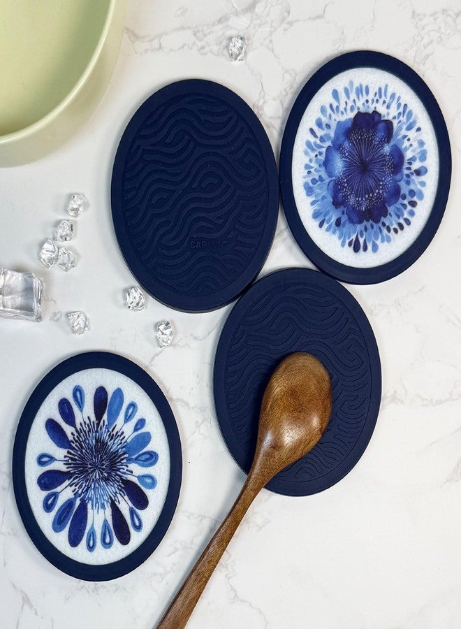 LIBERATECH Indigo Floral Non-Slip Silicone Coasters, 4-Pack Double-Sided Absorbent Cup Mats for Hot & Cold Drinks, Scratch & Water Ring Protection for Wood Tables, Home Office Bar Use - Image 4